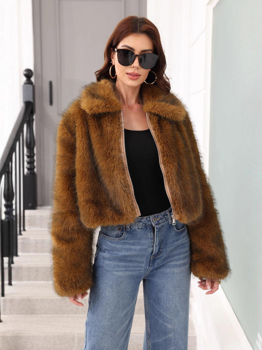 New Womens Cropped Zip Up Outerwear Wide Turn Down Collar Shaggy Plush Texture Casual Short Coat For Night Hangouts Street Style And Everyday Cold W