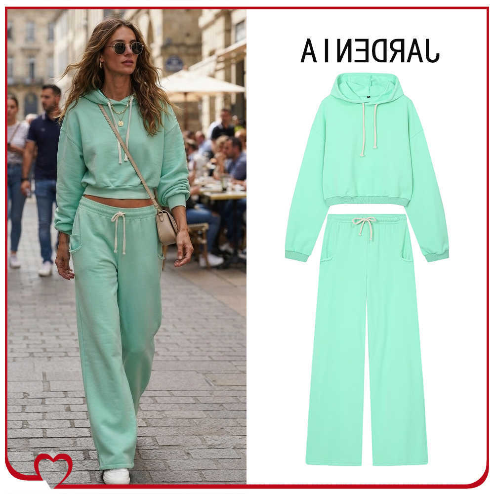 Cotton Fashion Tracksuits for Women Grn Sporty 2 Piece Sets Cropped Hooded Sweatshirt Matching Elastic Waist Wide Leg Trousers S260916K2JV