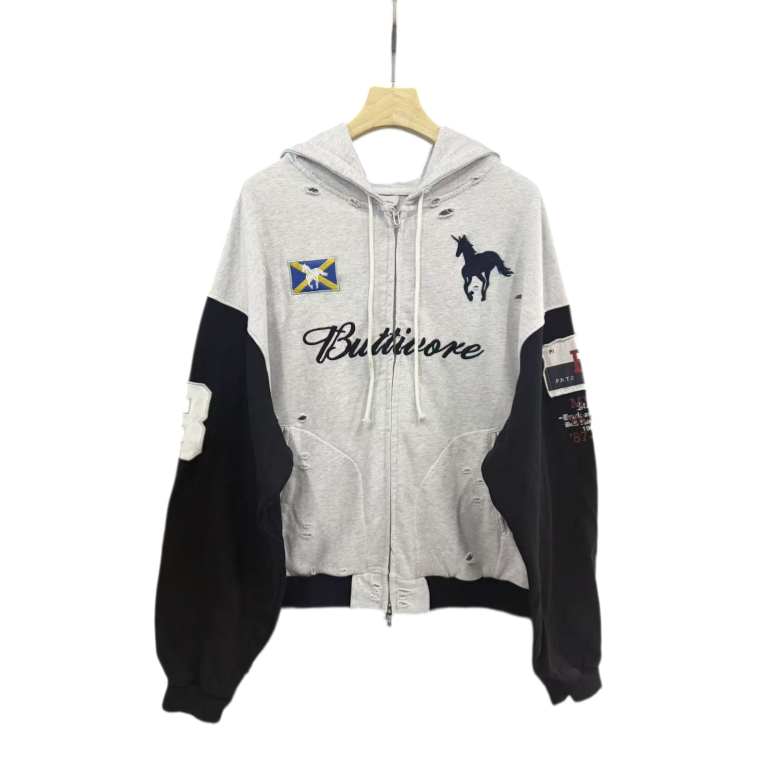 Hommes femmes Patchwork sweat à capuche avec fermeture éclair Vintage lavé déchiré licorne broderie Patch sweat à capuche décontracté veste de ru