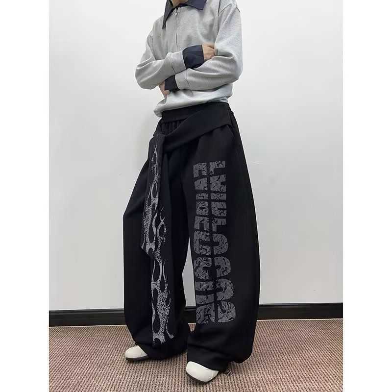 Retro Letter Flame Pattern Men's Ribbon Design Spring Casual Pants Youth s' Bottoms Male High Waisted Vintage Loose Trousers D260916