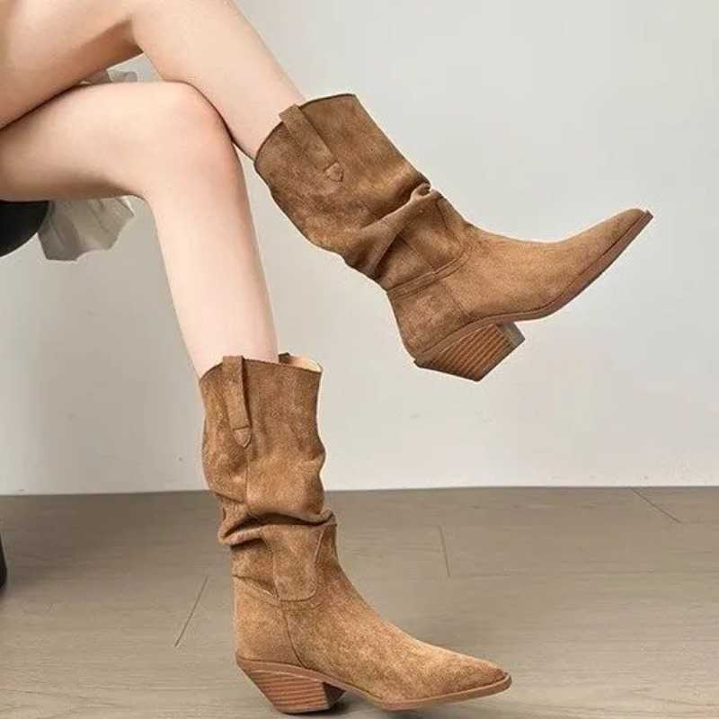 MidCalf New 2026 Women Slouchy Western Boots SuedeLike PU Pointed Toe Slipon Chunky Block Heel Booties for Daily Street Wear D260916