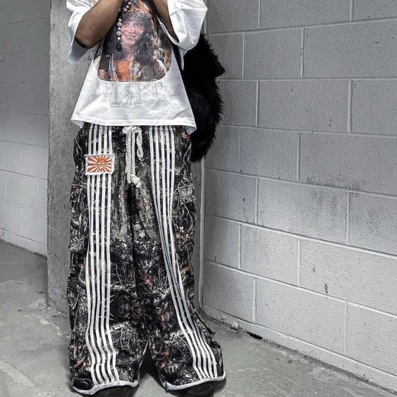 fake Double waisted striped pants two-piece spliced straight leg pants hip-hop style casual sports pants unisex D260916