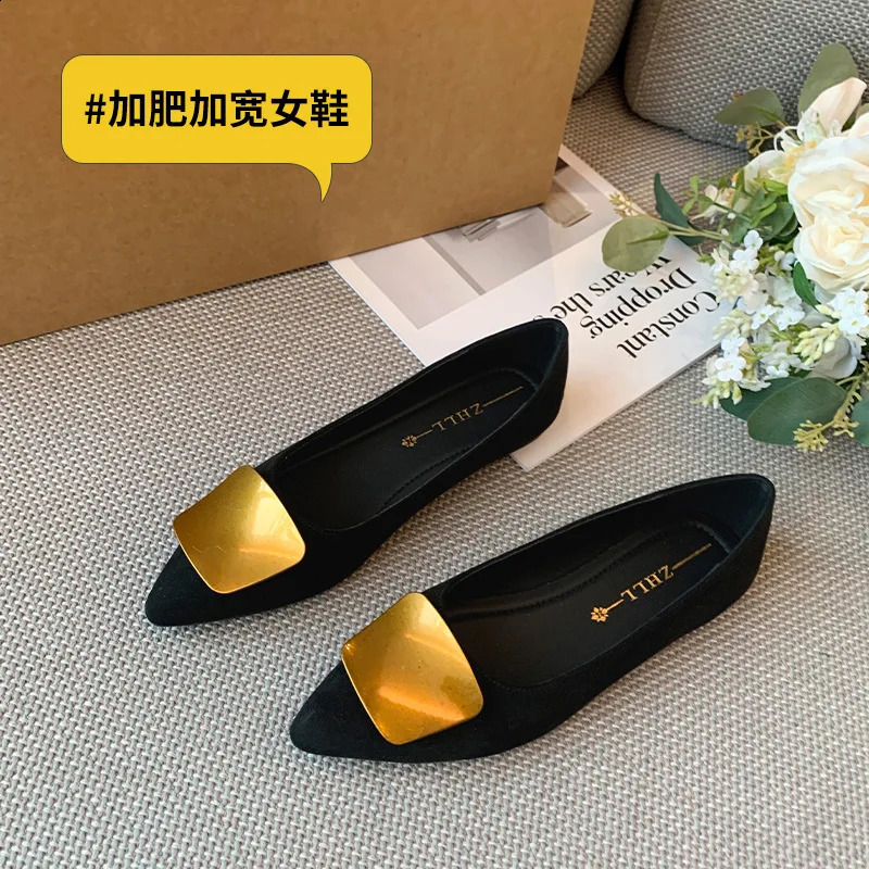 Black And Brown Suede Pointed Toe Flats For Women With Gold Square Buckle Detail Comfortable Casual Office Daily Wear Shoes 260916