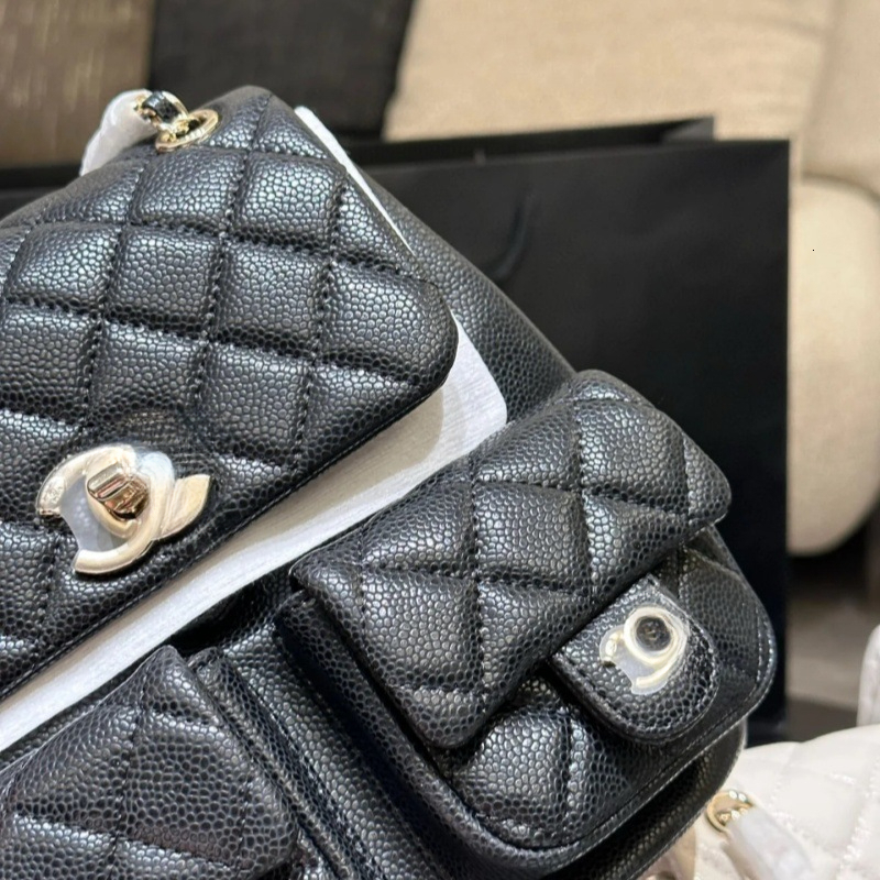 Designer Women Rhombus Quilted Caviar Leather Backpack Multi Pockets Chain Strap Mini Backpack Classic Flap Design Daily Shoulder Purse