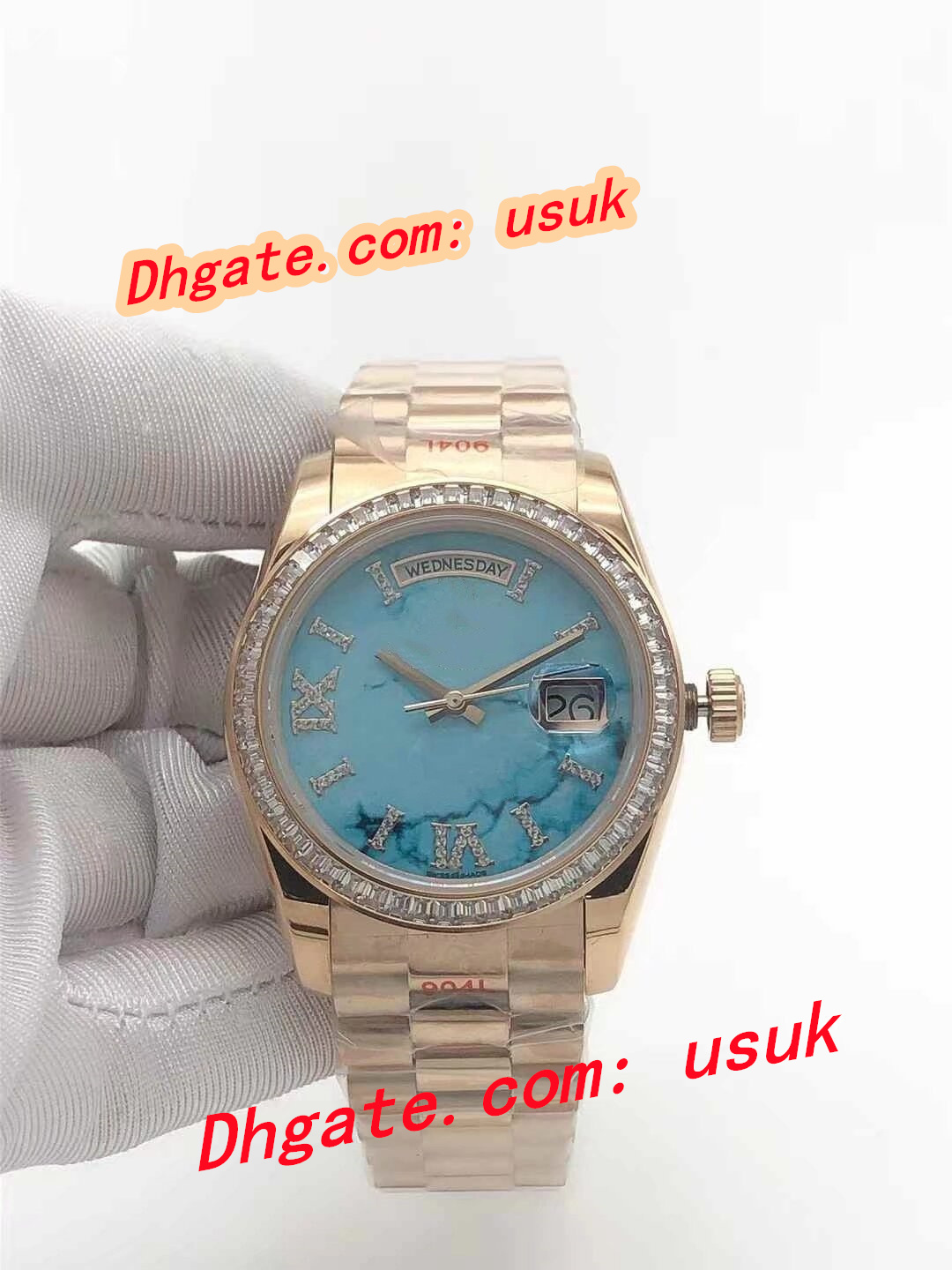 Mens Watch President DayDate 36mm 18 Rose Gold Diamond Blue Roman Dial Stainless Steel Strap Automatic Mechanical Sapphire Glass Fashion Men's