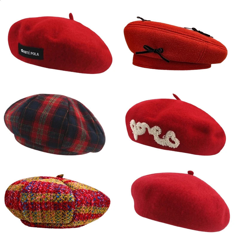 Red Christmas Beret for Women - Autumn Winter Retro Style One-Size with Big Head Fit Face-Framing n Holiday Headwear 260916