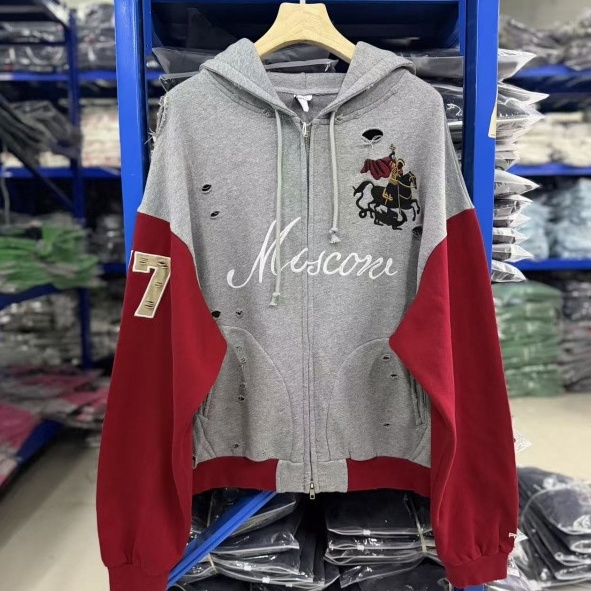 Designer Men Women Ripped Washed Zip Hoodie Color Block Spliced Horse Embroidery Hooded Sweatshirt Street Casual Jacket