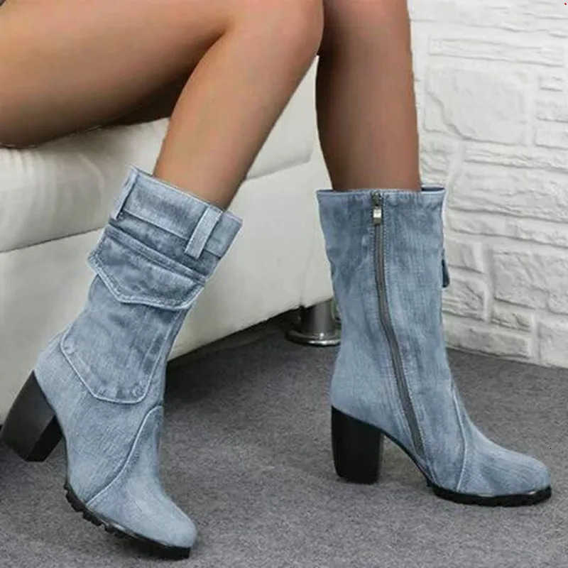 Autumn 2024 Women's Boots and Winter New Pointed Denim Style Casual Temperament High Heels Single Shoes Zapatos De Mujer D260916
