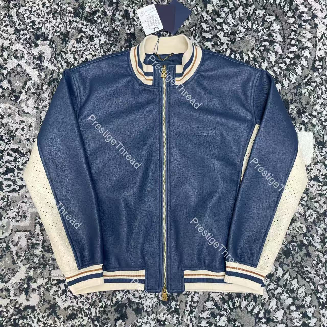 2026 New Men's Leather & Faux Leather Color-Block Ribbed Jacket in Blue