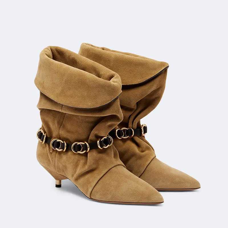 Ladies Slouy Fold Over Suede Mid Calf Boots Gold ain Belt Pointed Toe Thin Heel Retro ub Party Fashion Dress Footwear Q260916