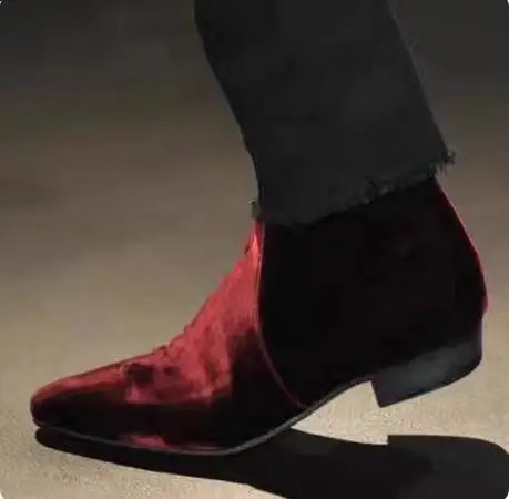 Winter Men Burgundy Velvet Solid Zipper Side Pointed Toe Flat Ankle Boots Male Run Way Chelsea Short Drop 260916