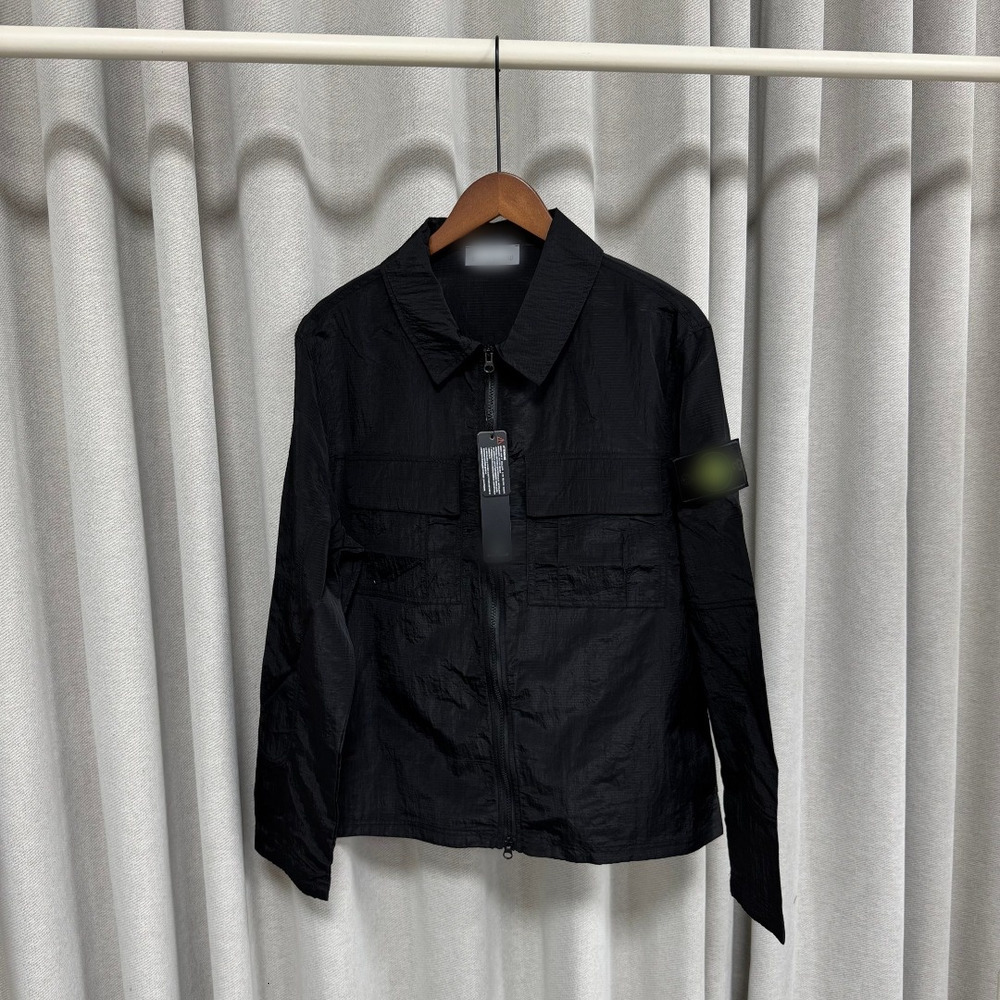 2026 New Style Stone Men's Nylon Ripstop Overshirt Jacket With Arm Patch Multi Pocket Full Zip Casual Windbreaker Trendy Brand Casual Long Slee