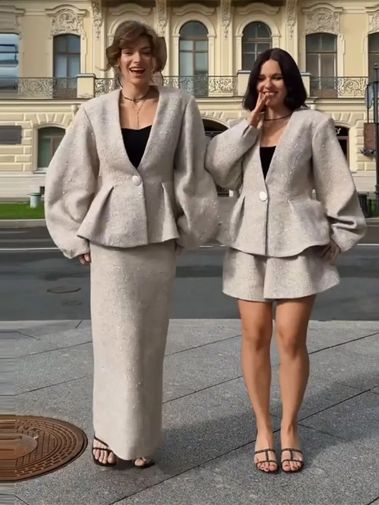 Women Midi Skirt Tweed Suit Single Button Ruffle Peplum Deep V Neck Puff Long Sleeve Top Solid Skirts 2026 Autumn Chic Outfit 260916
