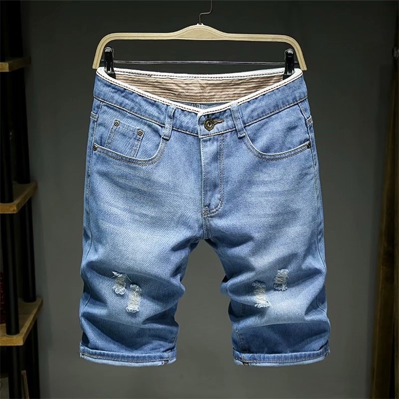 Men Denim Shorts Summer Style Thin Section Elastic Force Slim Fit Short Jeans Male Clothing Light Blue Retro Blue 260909ww