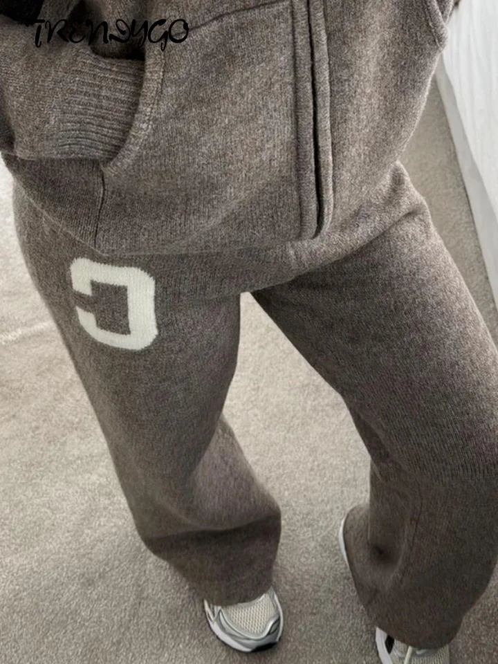 Women's Knitted Pants Sets Hooded Long Sleeve Zipper Oversized Coats Wide Leg Trousers Autumn Female Jacquard Loose Outfits 260916