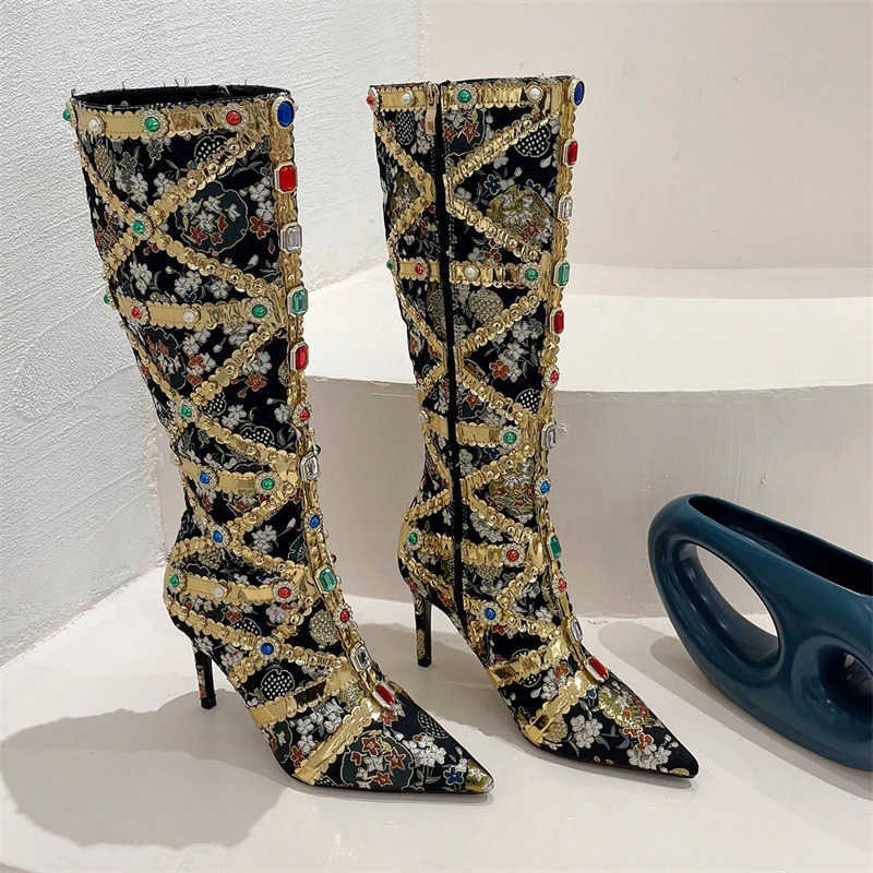 fashion Female Long Booties Aneikeh Sexy Pointed Toe Women Knee-High Boots Gemstone Crystal Stilettos Heels Stripper Botas Mujer D260916
