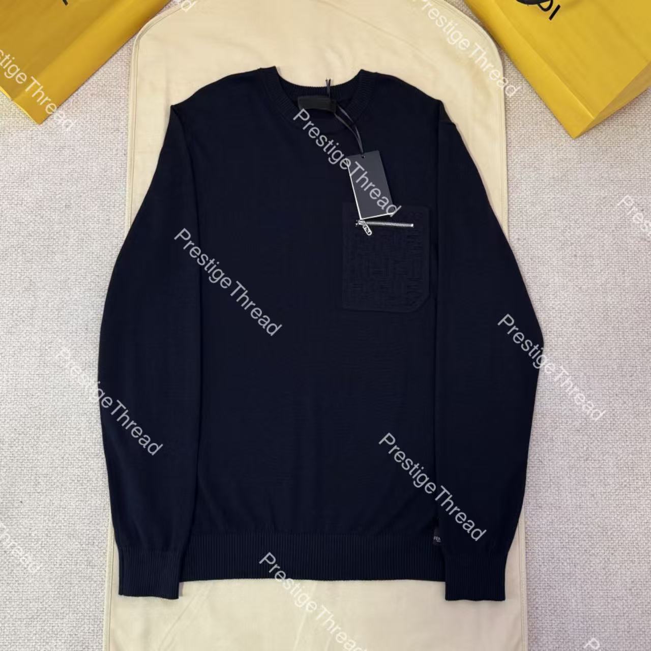 Designer Men's Sweater, Embossed FF Zipper Pocket Knit Sweater in Blue