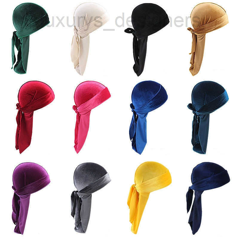 Velutum Pirate Durag Hat Cap Hair Bonnet With Long Tail Hip Hop Velvet Hats Skull Cycling Cap For Adult Mens Women Solid color Chemo Hat