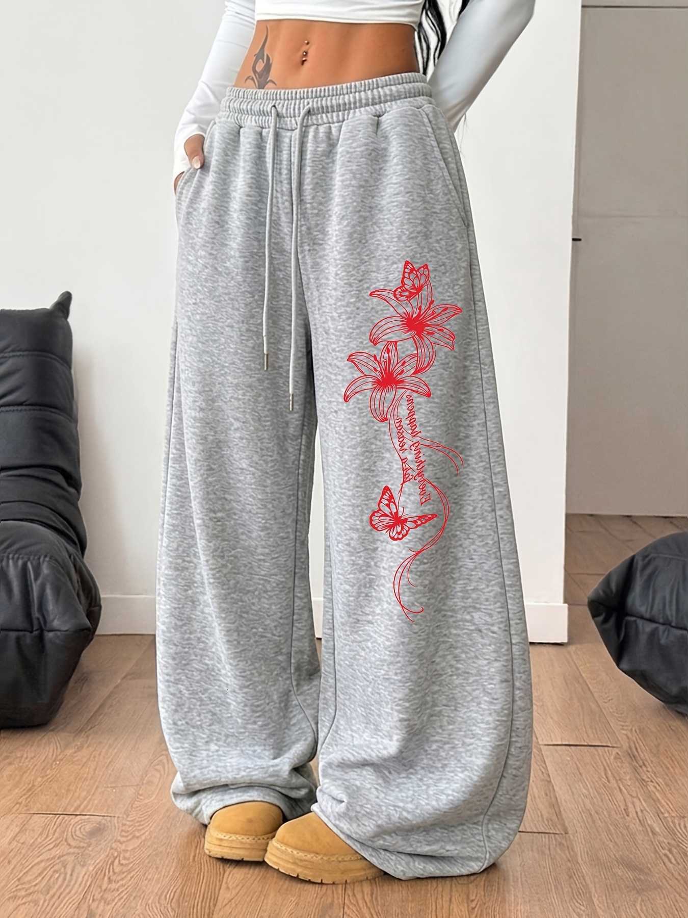 American retro style red lily and butterfly print wide-leg sweatpants for women loose fit slimming versatile casual sports pants D260916