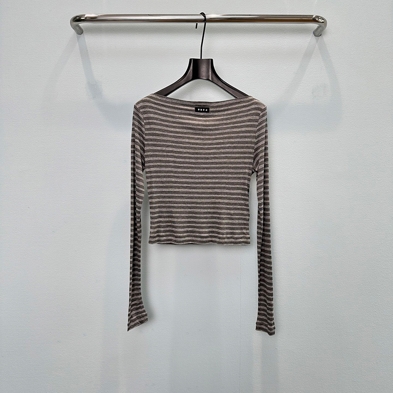 Retro Striped Cropped Pullover Designer Women Sheer Off Shoulder Elastic Cozy Jumper Autumn Layering Retro Bottoming Tops