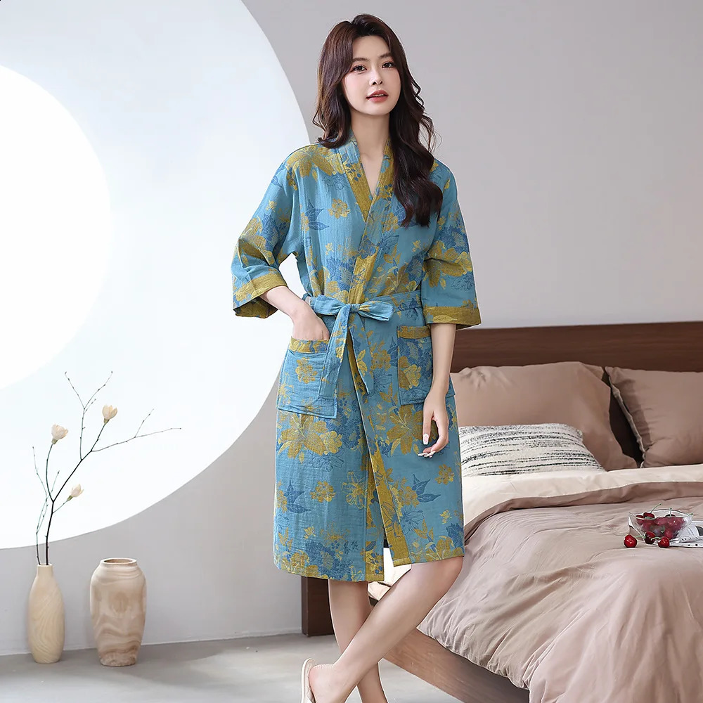 Spring and Summer Thin Cotton Doublelayer Bathrobe Pajamas Home Wear Ladiess Absorbent Quick Drying Yukata Robes 260916