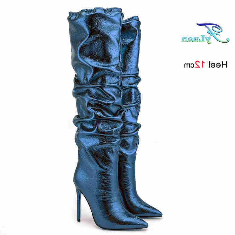 Stacking Winter Metallic Luster Pleated Women's Over-the Knee Boots Thin Heels 12cm Pointed Toe Ladies Pumps Long Boots Shoes D260916