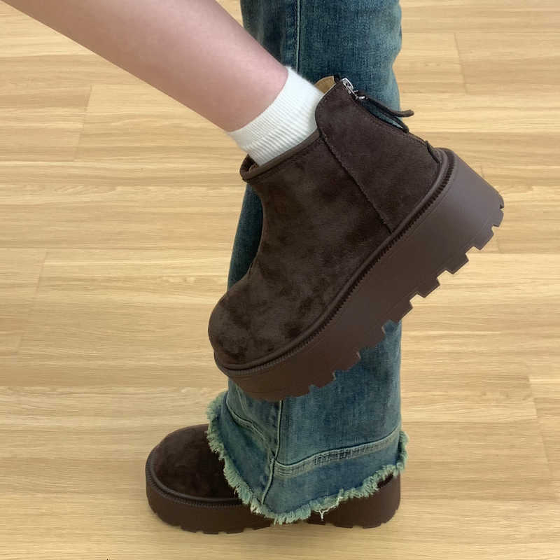 Vintage Warm Cotton Women Winter Ankle Boots Concise Platform Height Increase Shoes Street Style Banquet Party Plush Short Boot D260916