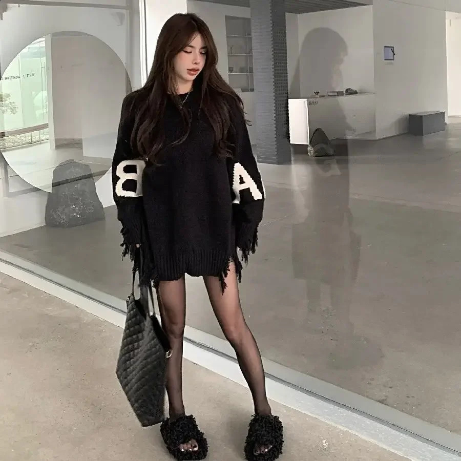 Letter Long Knitted Sweaters for Women Turtleneck Black Torn Female Pullover Clothes Sale All Harajuku Basic Youthful Top 260916
