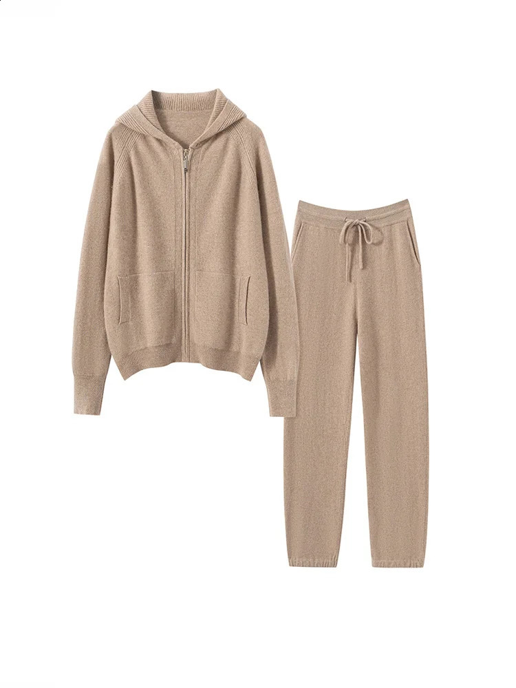 Women 100% Cashmere Sweater Cardigan Pants Sets Autumn Winter Hooded Zippers Tops Pencil Pants High Waist Soft Knitwear Trousers 260916