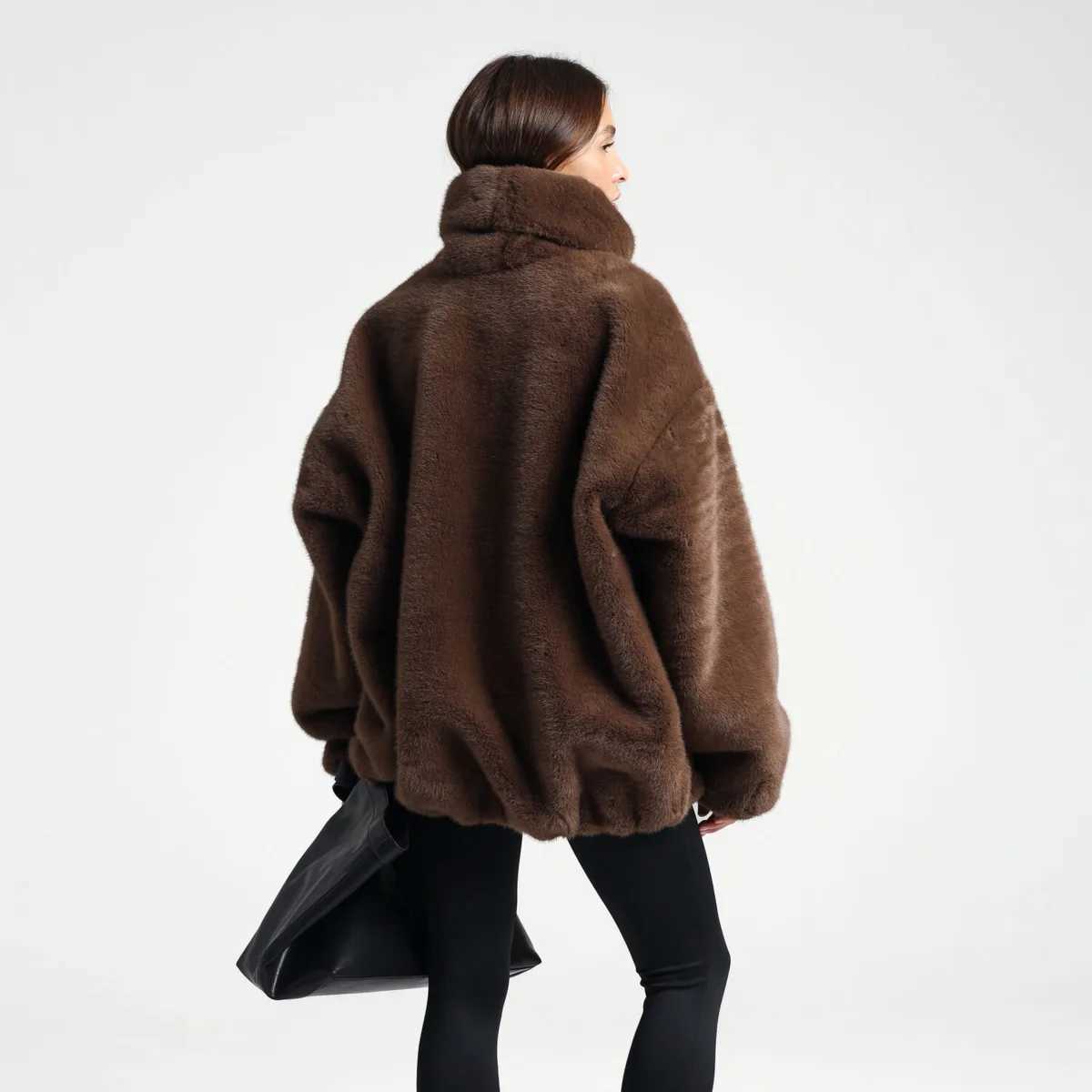 Women's faux fur coat Jacket IG WomenFur Reversible Furry Turtleneck Collar Oversized Loose Fit Long Sleeve Pocket Design Winter Warm Short Out