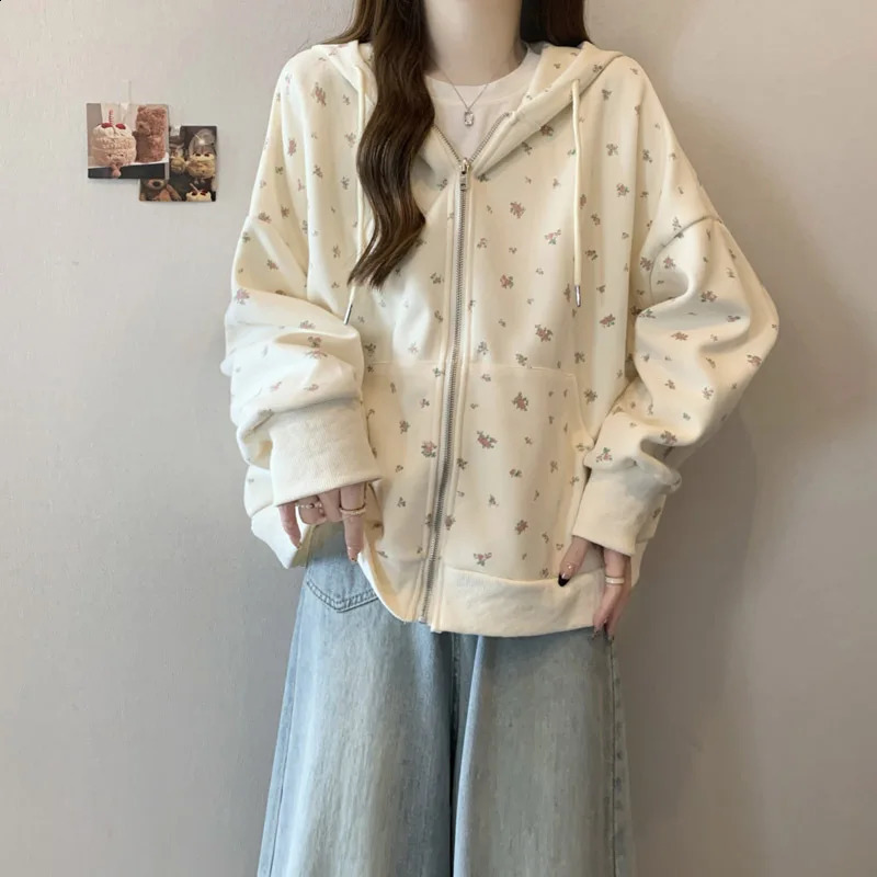 Spring Autumn Cotton Floral Print Sweatshirt Women's Loose Lazy Style Hooded Jacket Thin Arrival Versatile Outerwear 260916