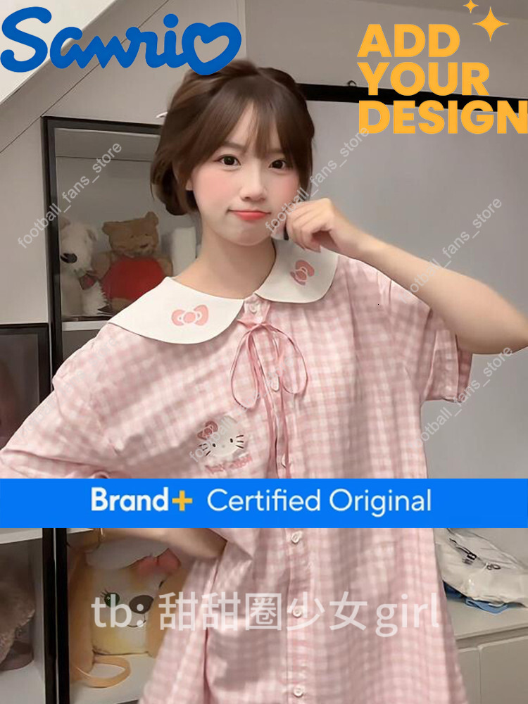 Hellokitty Plaid Nightgown for Women Summer Short-Sleeved Cute Sanrio Hello Kitty Large Size 2025 New Pajamas