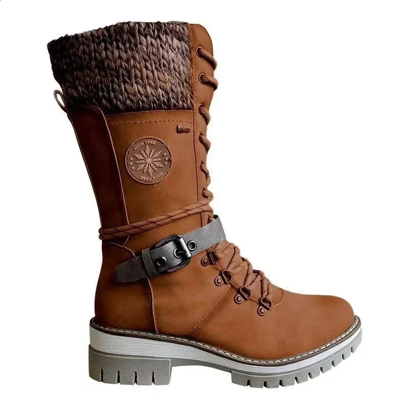 2025 Women Winter Buckle Lace Knitted Midcalf Boots Low Heel Round Toe Top Quality Warm Botas De Mujer 260916