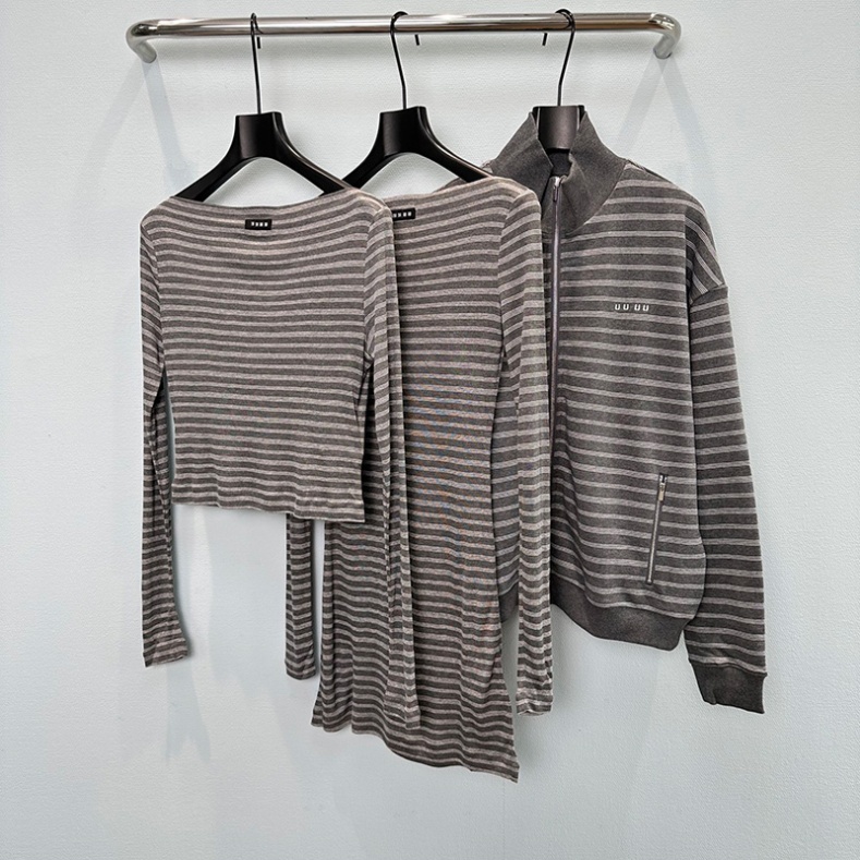 Women Stand Collar Striped Jackets Knitted Oversized Fit Retro Maillard Style Zipper Outerwear Autumn Campus Youthful Weekend Sporty Jacket