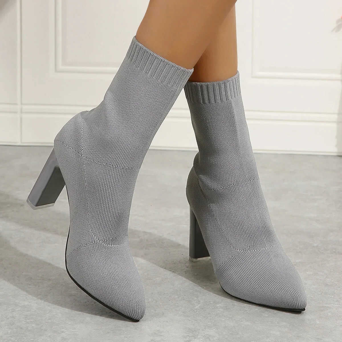 fashion Heeled Ankle Boots Womens Autumn Pointy Solid Color Stretch Knitted Sock Boots Women Chunky Slip on Shoes Plus-size 43 D260916