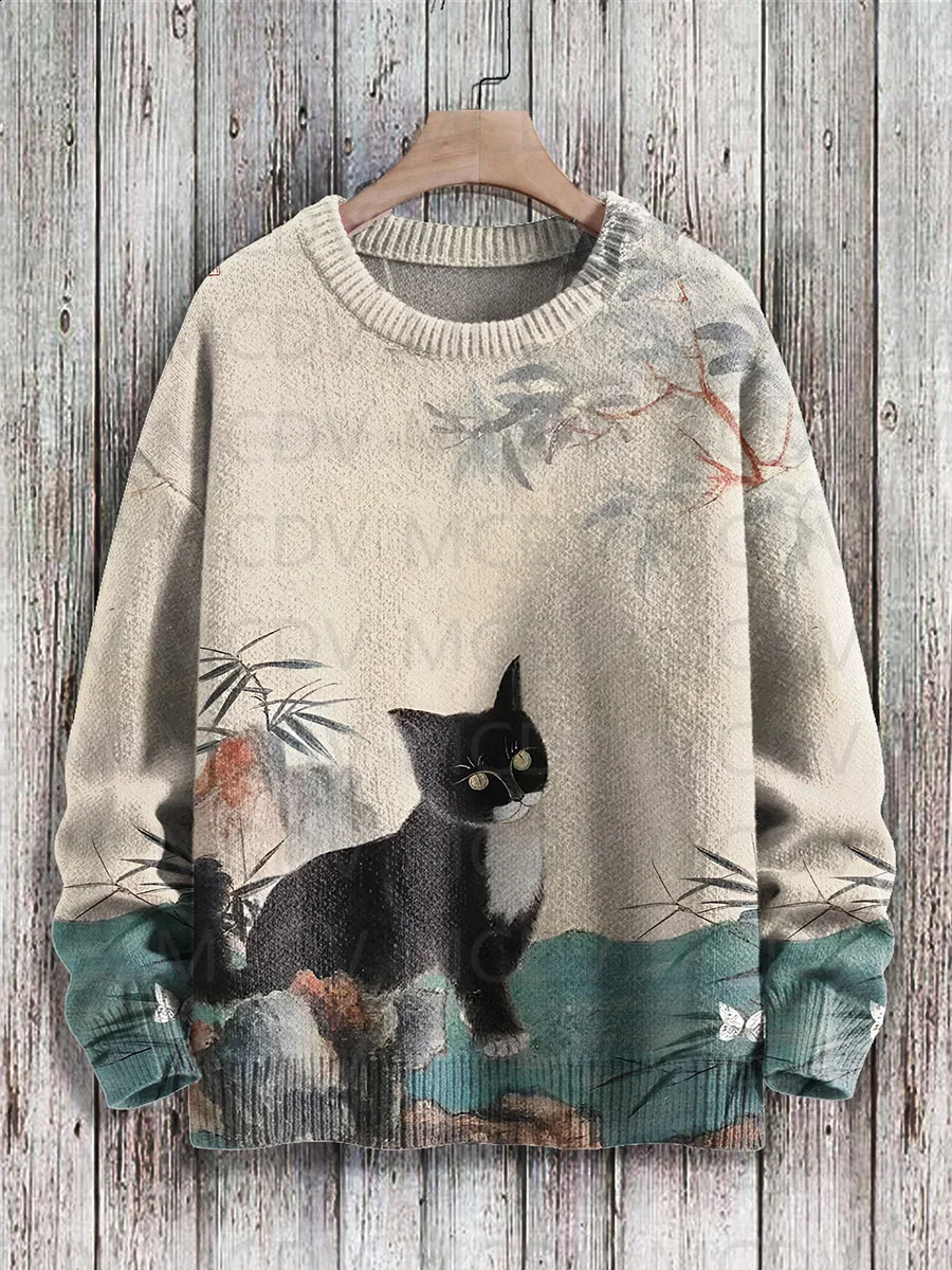 Retro Japanese Style Painting Cat Art Casual Print Knit Pullover Sweater Women For Men Sweater 260916