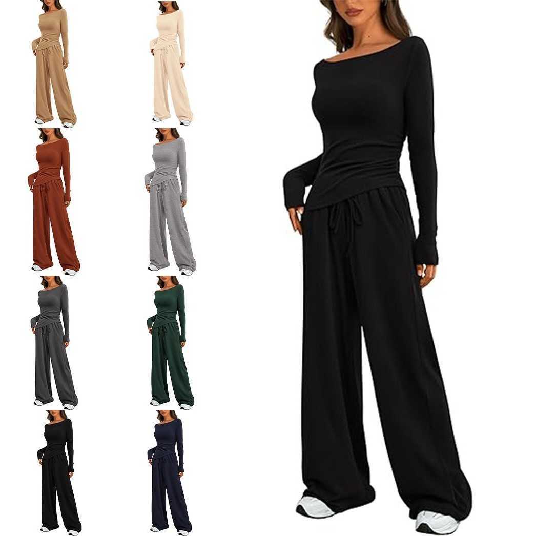 Pieces 2 Set For Wo Long Slve Solid Color T Shirt Drawstring Waist Cropped T Women's Matching Sets Relaxed Fit S260916WGEZ