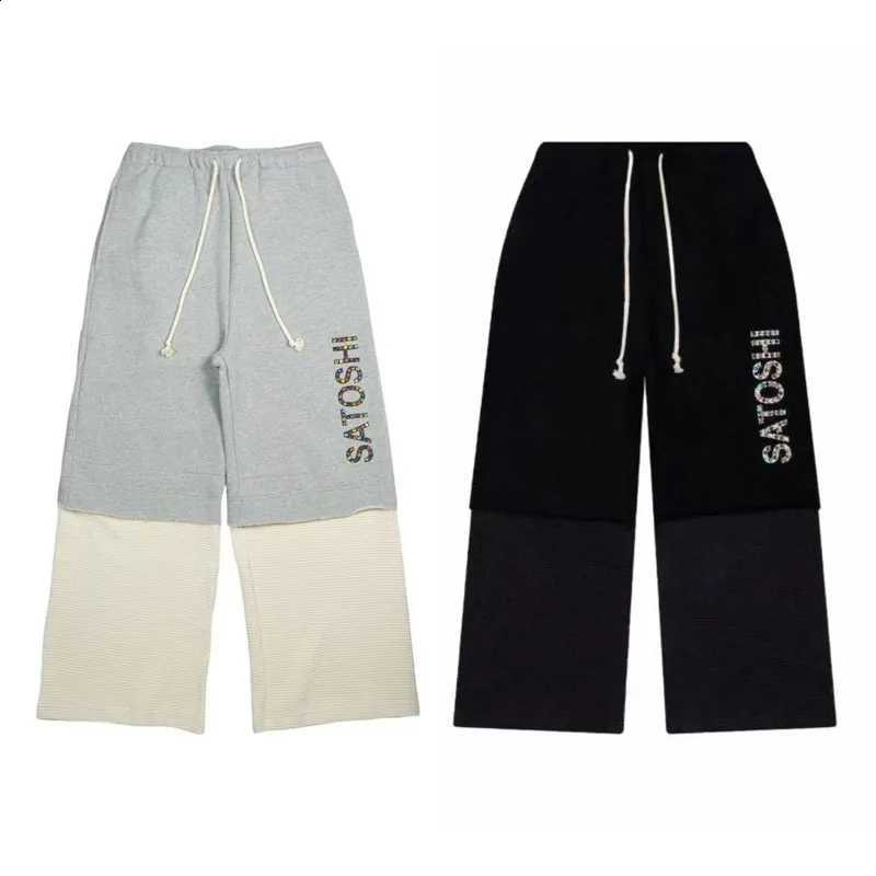 High Street Fake Two Piece Spliced Sweatpants Men Color Rhinestone Drawstring Elastic Waist Loose Satoshi Nakamoto Casual Pants T260916