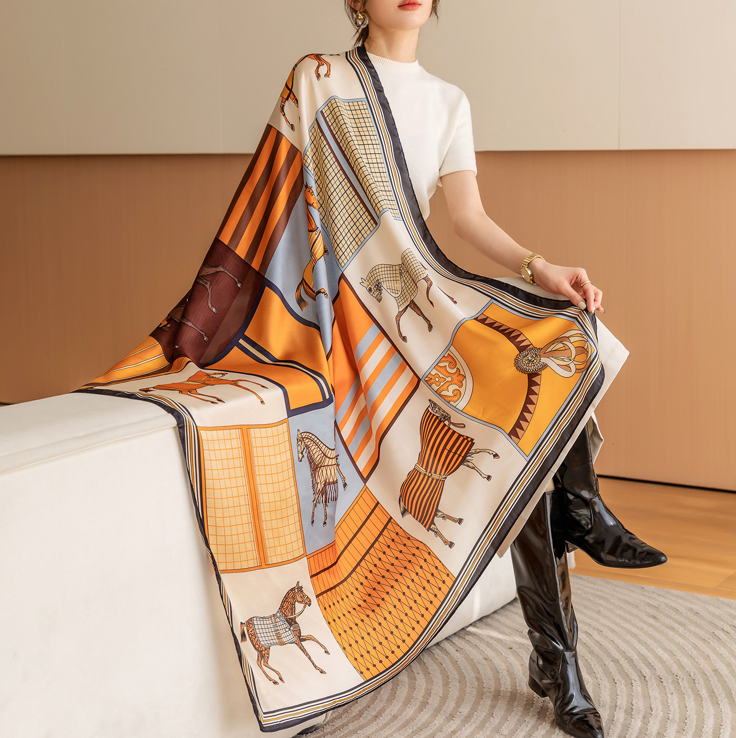 Luxury Horse Print Square Vintage Imitation Silk Shawl Scarf Women Windproof Outdoor Head Wrap 110*110cm 26L0916