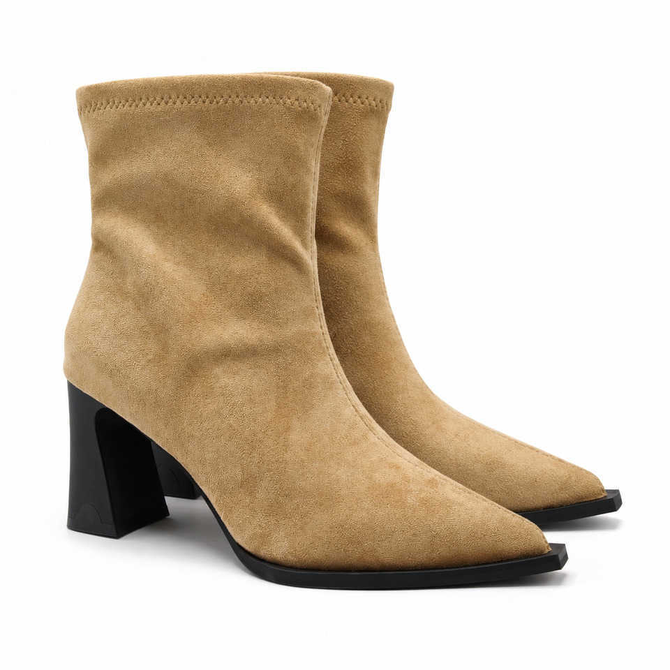 Boots Women Pointed Toe Ankle Suede Stretch Upper Chunky Block High Heels Side Zipper Elegant Office Autumn Winter Shoes D260916