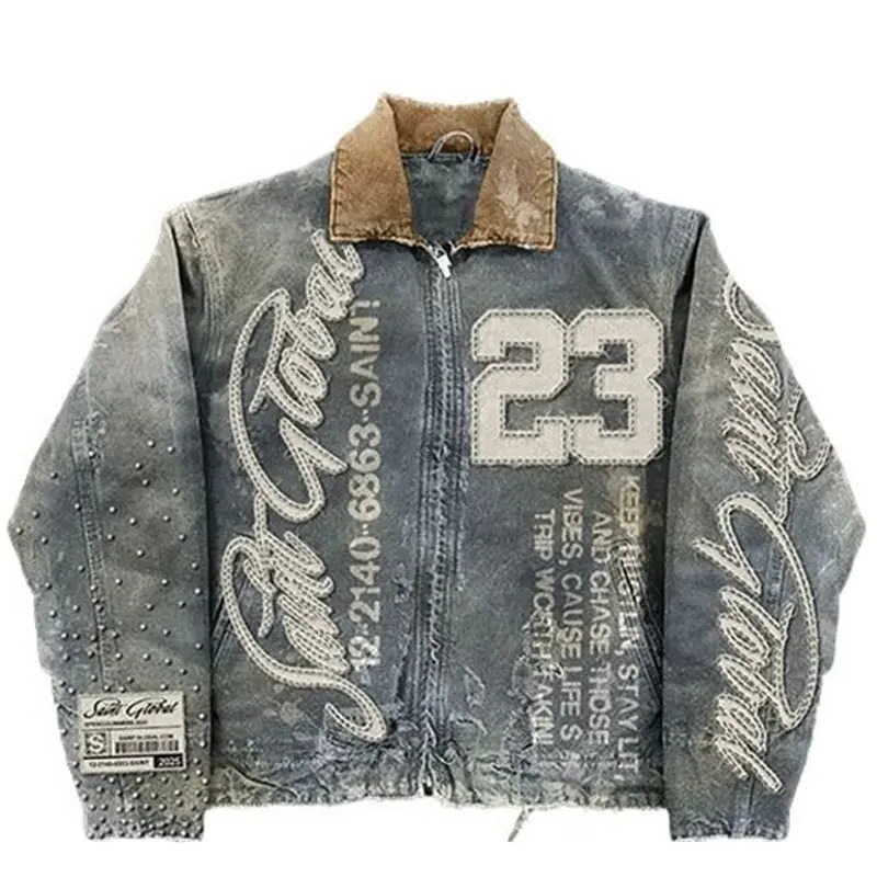Men Short Jacket Streetwear Washed Denim Jacket Y2k Clothes Mens Hip Hop Letter Graphic Patch Embroidery Blue Oversized outerwear Casual Coat Croppe