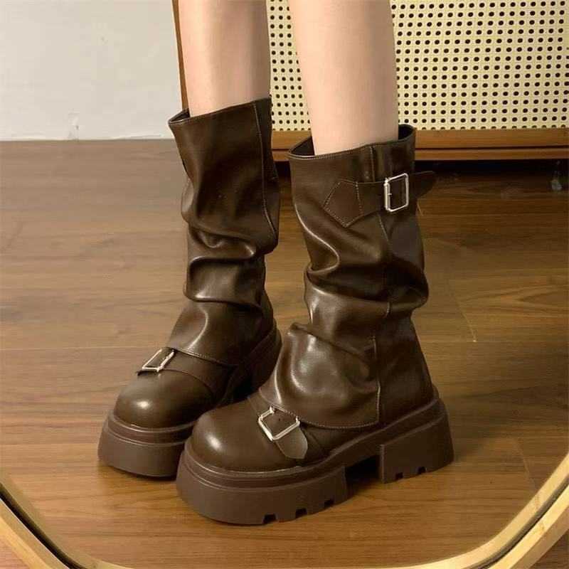Chunky Women's 2026 Platform New Motorcycle Boots Vintage Slouchy Mid-Calf Biker Shoes Matte Leather Booties D260916