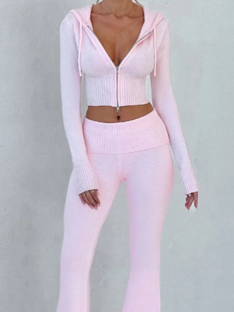 Fashion Trendy Knitted 2 Piece-Sets Women Slim Short Hooded Cardigan Trousers Two Piece Set Streetwear Lady Commuting Clothing 260916
