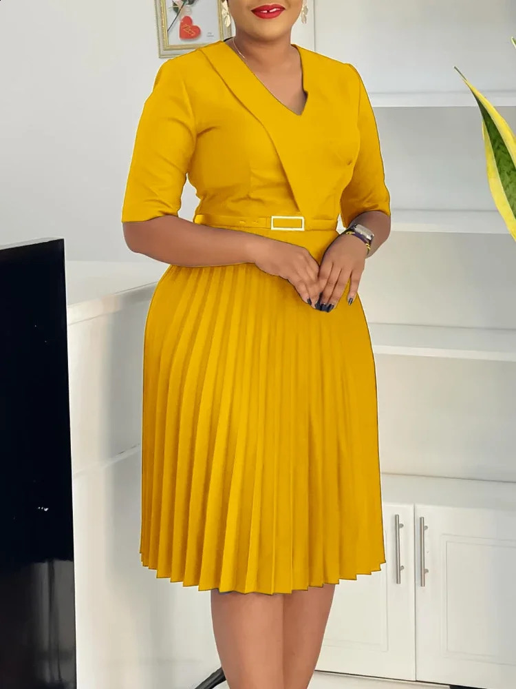 Fashion V Neck Solid Color Pleated African Maxi Dress for Plus Size Women Elegant Evening Gown Petite Formal Dresses Summer 260916