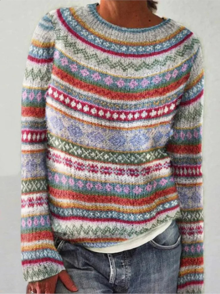 Women's Knit Sweater Top Casual O Neck Long Sleeve Print Pullovers Tops For Women Fashion Vintage Womens Clothing Winter 260916