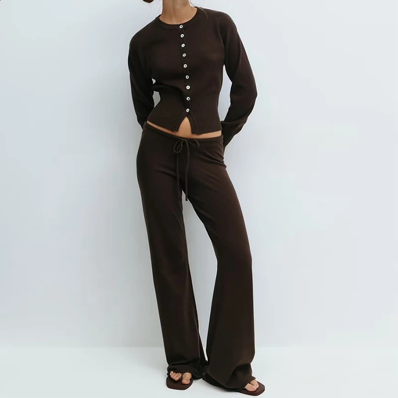 Women Knitted Pants Set 2 Piece Lounge Long Sleeve Cardigan Sweater Top and Wide Leg Bell Pants Y2K Sweatsuit Outfits 260916