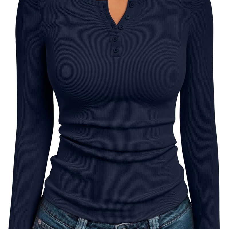 Fashionable Long Sleeve Slim Fit Henry Collar TShirt Ribbed Basic Style Women's Top 2026 Trendy Wear y260908