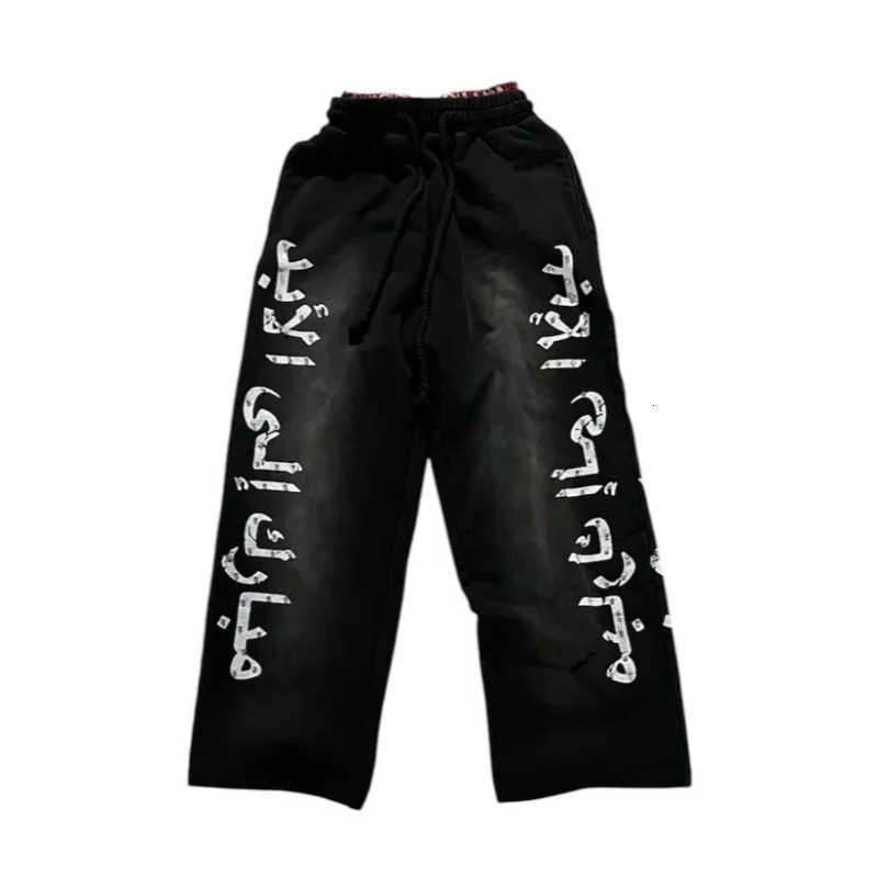 High Grunge Vintage Straight Slacks Street Hip Hop Punk Letter Print Pants Gradient Make Old Double Trousers Drawstring Trousers D260916