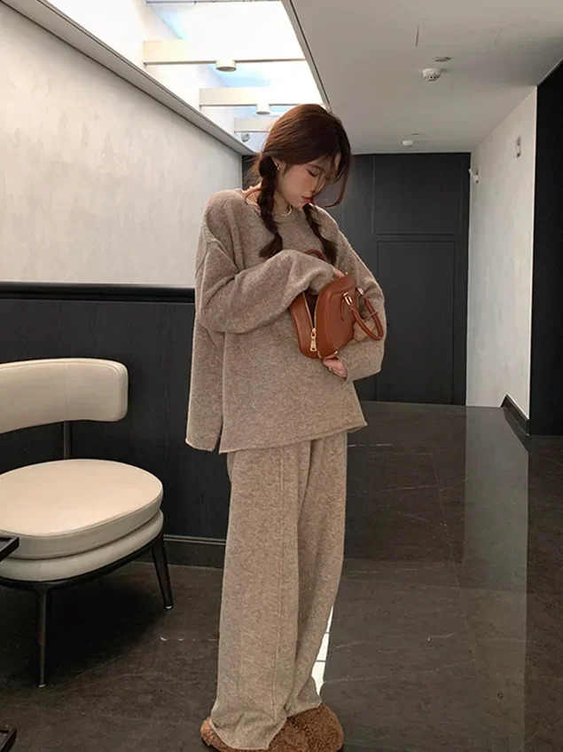 Korean Version of Soft Waxy Lazy Wind Knitting Set Gentle Round Neck Pullover Sweater Wide Leg Pants Two-piece Set Women 260916