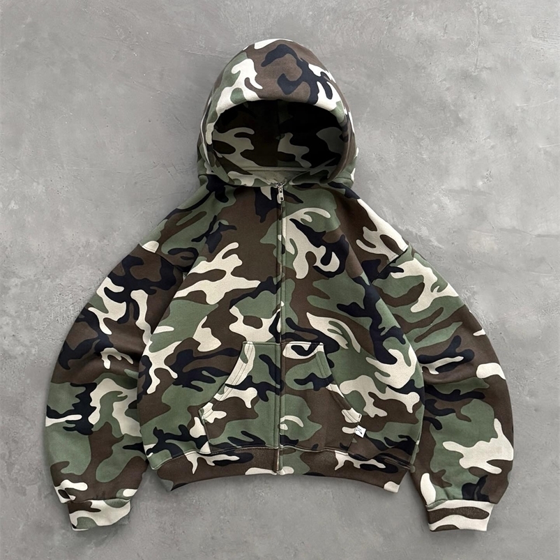 Y2K Retro Olive Drab Zip Up Hoodie Men Casual Loose Camouflage Pattern Zipper Sweatshirt Streetwear Hip Hop Unisex Camo Clothing 260915